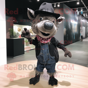 Black Wild Boar mascot costume character dressed with a Bootcut Jeans and Hats