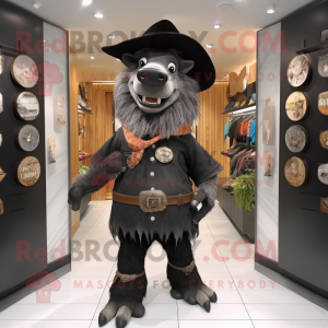 Black Wild Boar mascot costume character dressed with a Bootcut Jeans and Hats