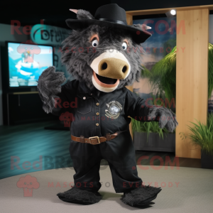 Black Wild Boar mascot costume character dressed with a Bootcut Jeans and Hats