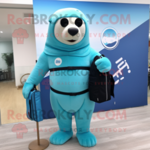 Turquoise Navy Seal mascot costume character dressed with a Board Shorts and Briefcases