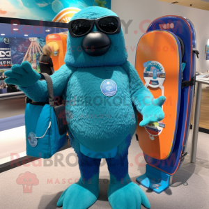 Turquoise Navy Seal mascot costume character dressed with a Board Shorts and Briefcases