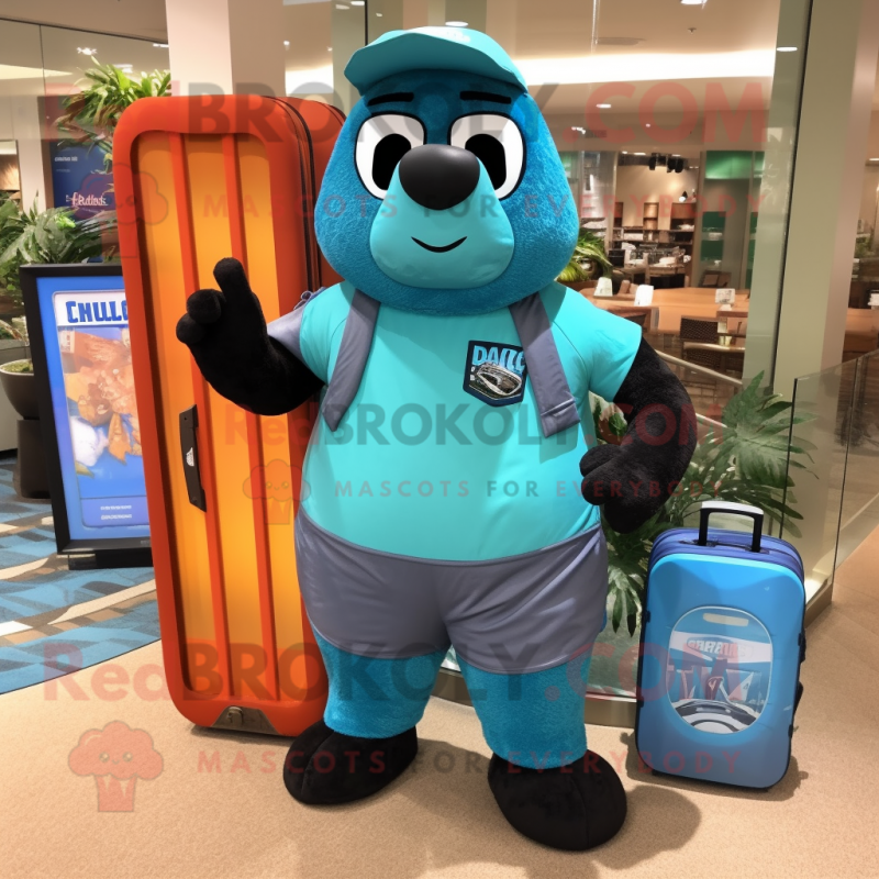 Turquoise Navy Seal mascot costume character dressed with a Board Shorts and Briefcases Turquoise Navy Seal mascot costume character dressed with a Board Shorts and Briefcases