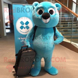 Turquoise Navy Seal mascot costume character dressed with a Board Shorts and Briefcases