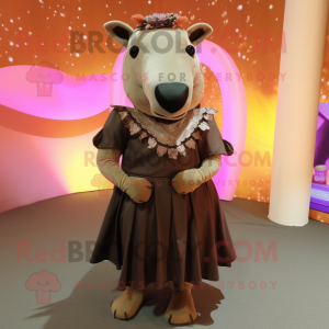 Brown Tapir mascot costume character dressed with a Empire Waist Dress and Headbands