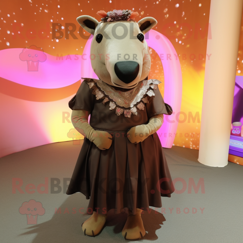 Brown Tapir mascot costume character dressed with a Empire Waist Dress and Headbands Brown Tapir mascot costume character dressed with a Empire Waist Dress and Headbands