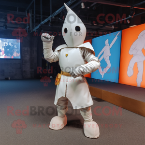 White Medieval Knight mascot costume character dressed with a Playsuit and Shoe laces
