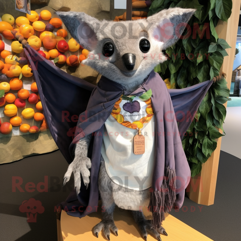 Silver Fruit Bat mascot costume character dressed with a Henley Tee and Shawls