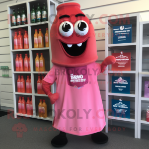 Pink Bottle Of Ketchup mascot costume character dressed with a Henley Shirt and Keychains