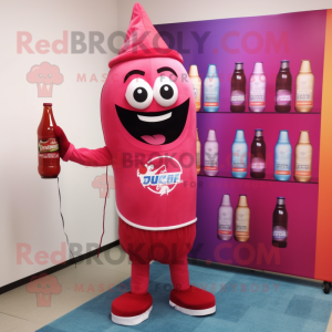 Pink Bottle Of Ketchup mascot costume character dressed with a Henley Shirt and Keychains