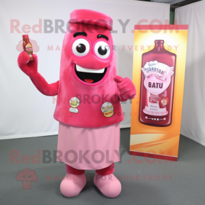 Pink Bottle Of Ketchup mascot costume character dressed with a Henley Shirt and Keychains