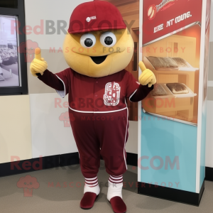 Maroon Burgers mascot costume character dressed with a Baseball Tee and Gloves