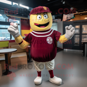 Maroon Burgers mascot costume character dressed with a Baseball Tee and Gloves