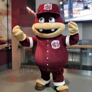 Maroon Burgers mascot costume character dressed with a Baseball Tee and Gloves