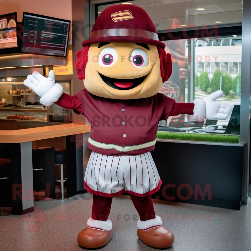 Maroon Burgers mascot costume character dressed with a Baseball Tee and Gloves Maroon Burgers mascot costume character dressed with a Baseball Tee and Gloves