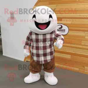 Brown Beluga Whale mascot costume character dressed with a Flannel Shirt and Shoe clips
