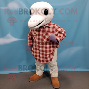 Brown Beluga Whale mascot costume character dressed with a Flannel Shirt and Shoe clips