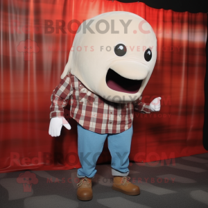 Brown Beluga Whale mascot costume character dressed with a Flannel Shirt and Shoe clips