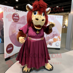 Maroon Buffalo mascot costume character dressed with a Maxi Skirt and Coin purses