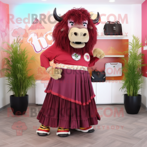 Maroon Buffalo mascot costume character dressed with a Maxi Skirt and Coin purses