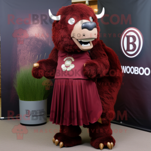 Maroon Buffalo mascot costume character dressed with a Maxi Skirt and Coin purses
