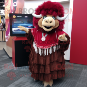 Maroon Buffalo mascot costume character dressed with a Maxi Skirt and Coin purses