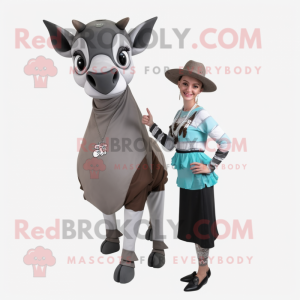 Gray Okapi mascot costume character dressed with a Midi Dress and Caps