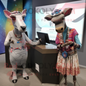 Gray Okapi mascot costume character dressed with a Midi Dress and Caps