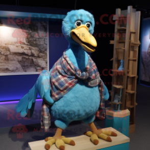 Cyan Dodo Bird mascot costume character dressed with a Flannel Shirt and Shawl pins