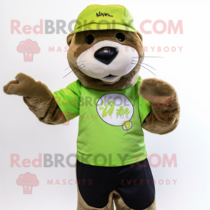 Lime Green Otter mascot costume character dressed with a Henley Shirt and Hats