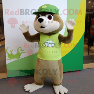 Lime Green Otter mascot costume character dressed with a Henley Shirt and Hats