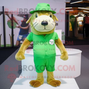 Lime Green Otter mascot costume character dressed with a Henley Shirt and Hats