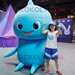 Blue Narwhal mascot costume character dressed with a Tank Top and Wraps