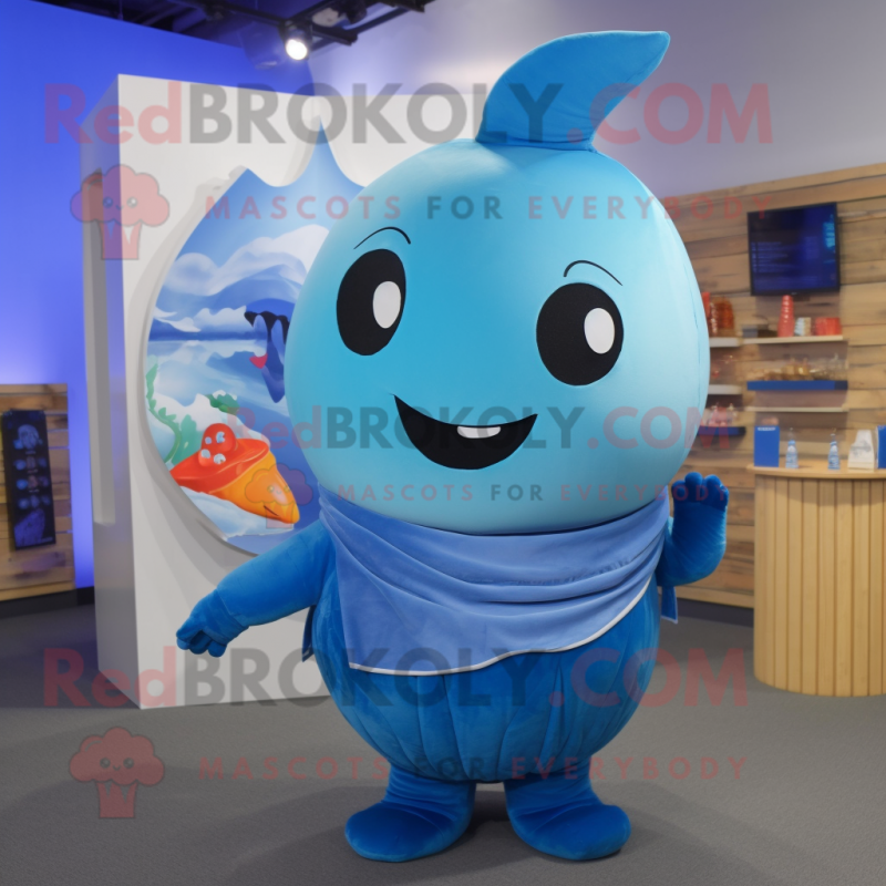 Blue Narwhal mascot costume character dressed with a Tank Top and Wraps