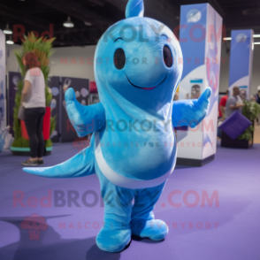 Blue Narwhal mascot costume character dressed with a Tank Top and Wraps