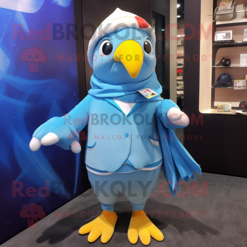 Sky Blue Toucan mascot costume character dressed with a Hoodie and Pocket squares