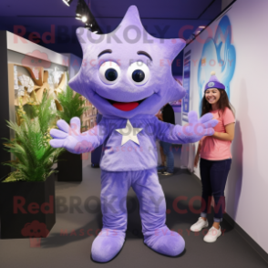 Lavender Starfish mascot costume character dressed with a Denim Shorts and Gloves