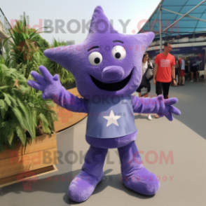 Lavender Starfish mascot costume character dressed with a Denim Shorts and Gloves