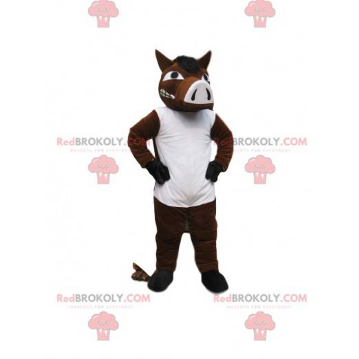 Aggressive brown and white boar mascot. Boar costume -