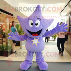 Lavender Starfish mascot costume character dressed with a Denim Shorts and Gloves