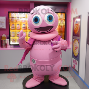 Pink Miso Soup mascot costume character dressed with a Turtleneck and Rings