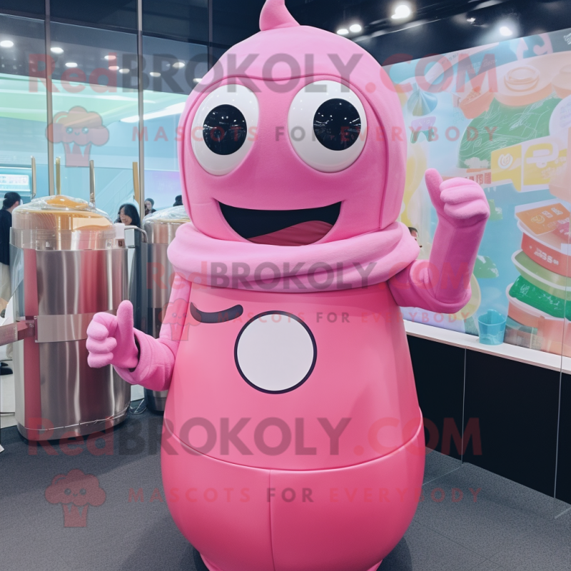 Pink Miso Soup mascot costume character dressed with a Turtleneck and Rings