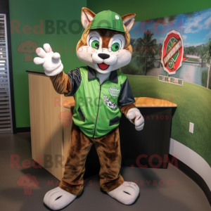 Green Bobcat mascot costume character dressed with a Graphic Tee and Caps