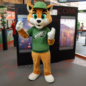 Green Bobcat mascot costume character dressed with a Graphic Tee and Caps