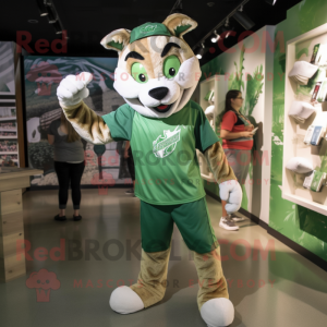 Green Bobcat mascot costume character dressed with a Graphic Tee and Caps