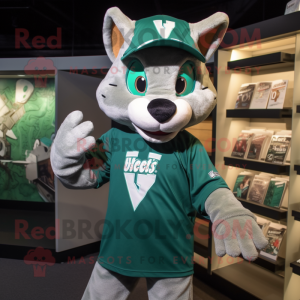 Green Bobcat mascot costume character dressed with a Graphic Tee and Caps