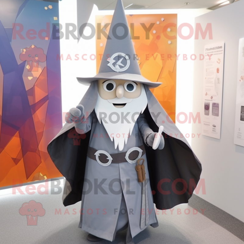 Gray Wizard mascot costume character dressed with a A-Line Dress and Scarf clips