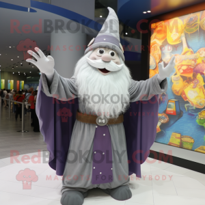 Gray Wizard mascot costume character dressed with a A-Line Dress and Scarf clips