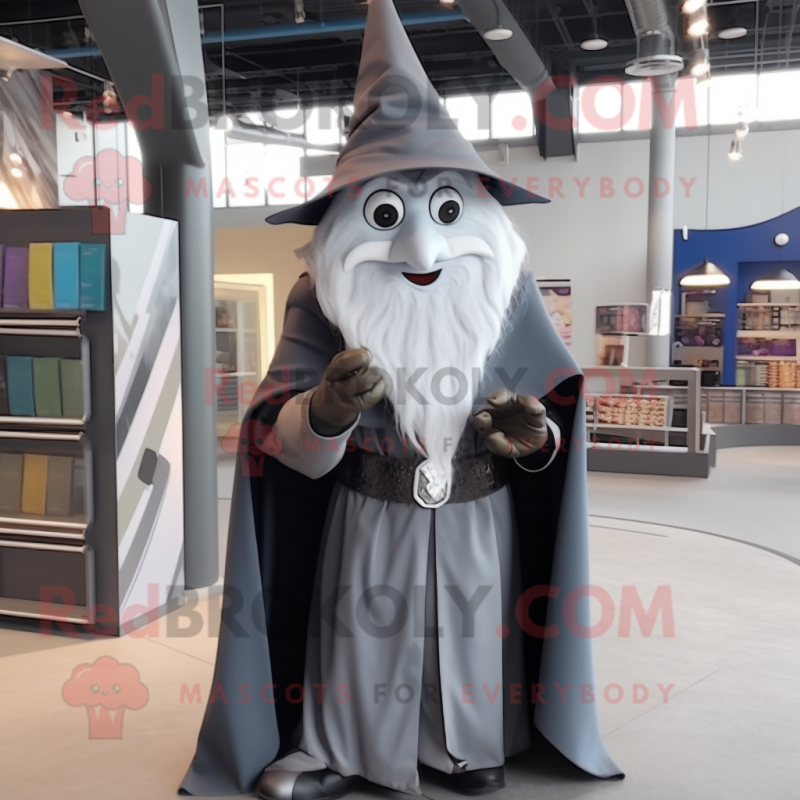 Gray Wizard mascot costume character dressed with a A-Line Dress and Scarf clips Gray Wizard mascot costume character dressed with a A-Line Dress and Scarf clips
