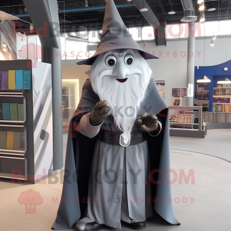 Gray Wizard mascot costume character dressed with a A-Line Dress and Scarf clips