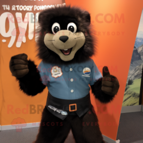 Black Marmot mascot costume character dressed with a Flare Jeans and Tie pins